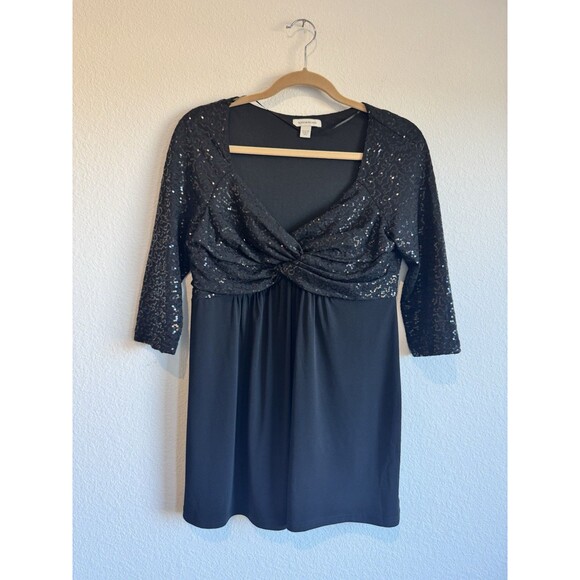 Boston Proper Women's Black Sequin Evening Blouse V Neck 3/4 Sleeve Flowy Medium - Picture 1 of 10